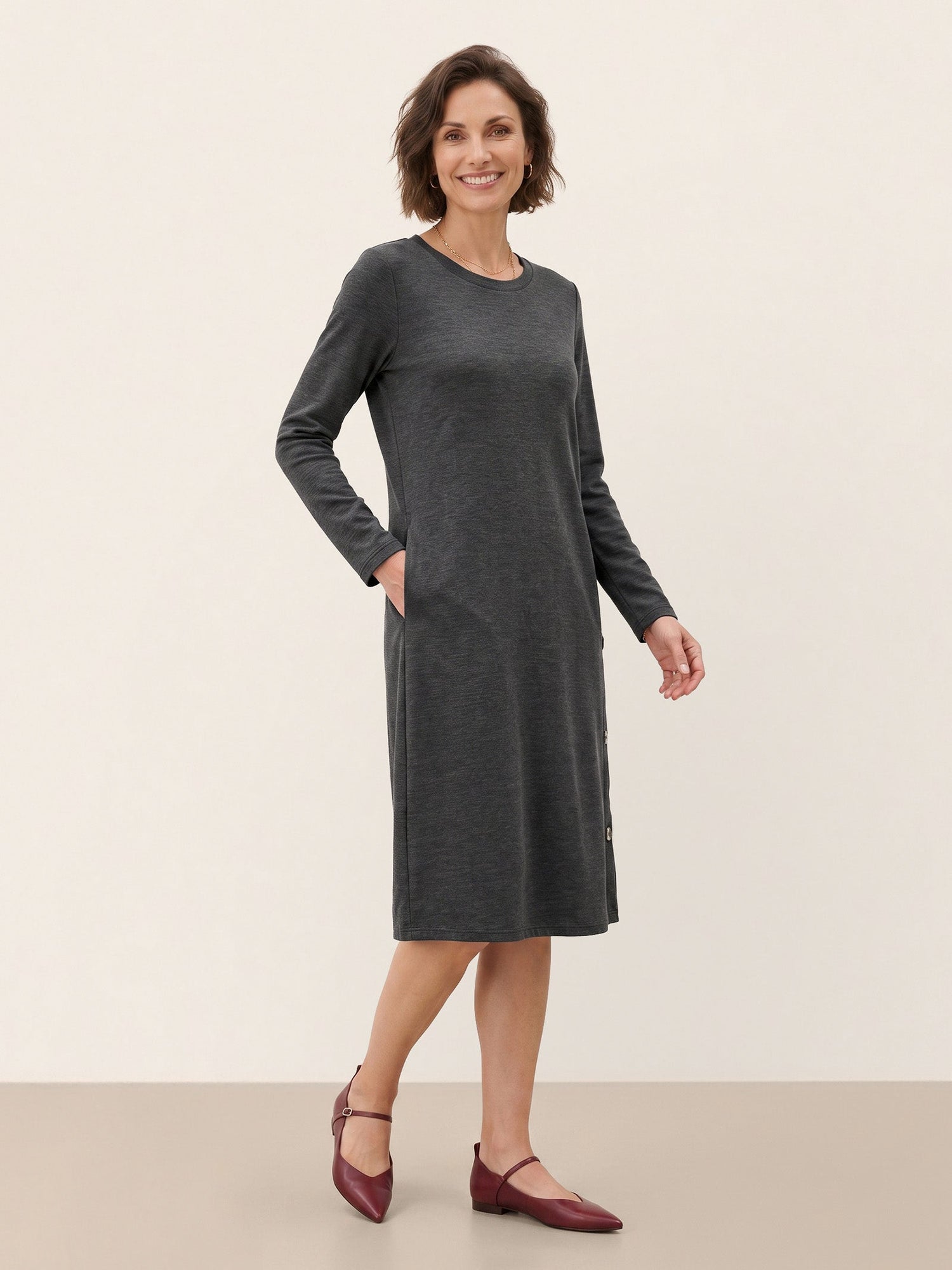 Lyocell Wool Side Button A-Line Knit Midi Dress MIRENA  DestGlow
