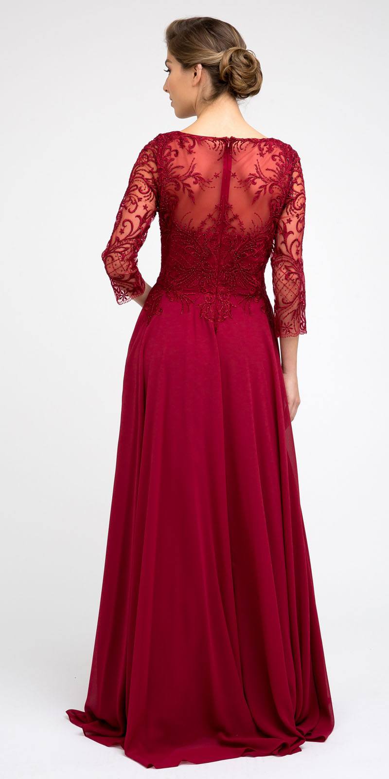 Juliet M11 Appliqued Long A-Line Dress Chiffon Quarter Sleeves by DiscountDressShop