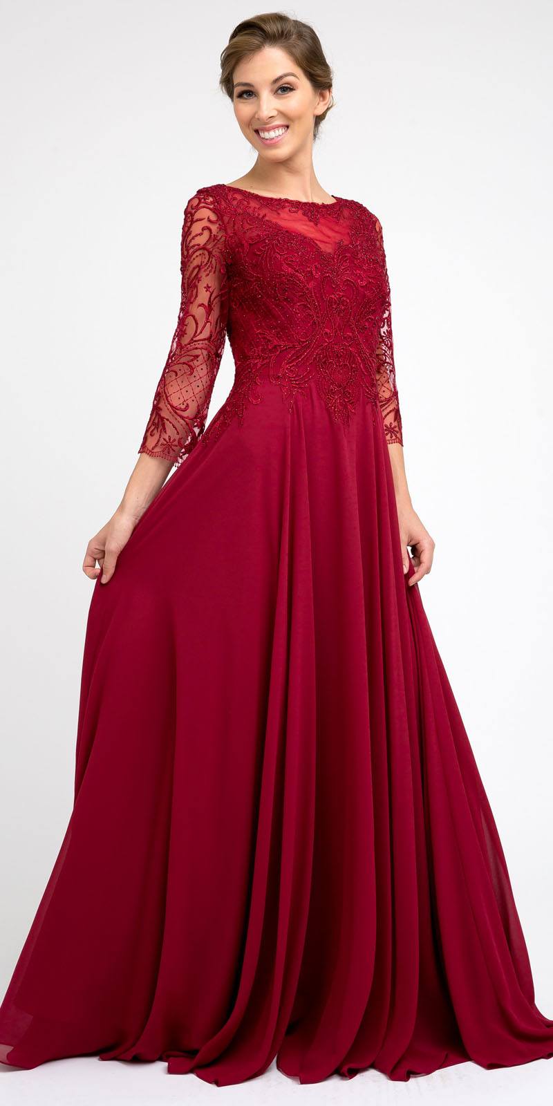 Juliet M11 Appliqued Long A-Line Dress Chiffon Quarter Sleeves by DiscountDressShop