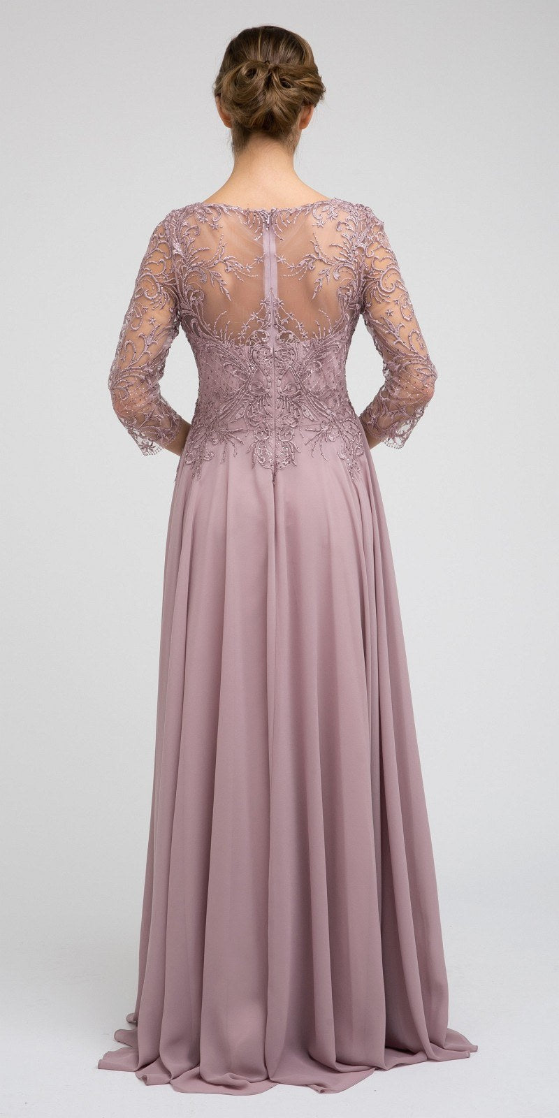 Juliet M11 Appliqued Long A-Line Dress Chiffon Quarter Sleeves by DiscountDressShop
