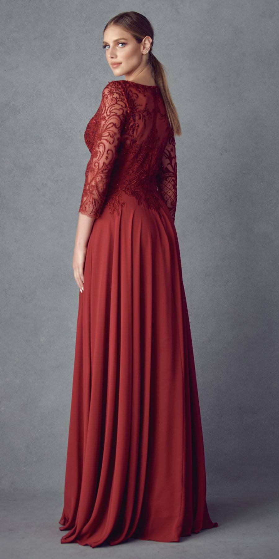 Juliet M11 Appliqued Long A-Line Dress Chiffon Quarter Sleeves by DiscountDressShop