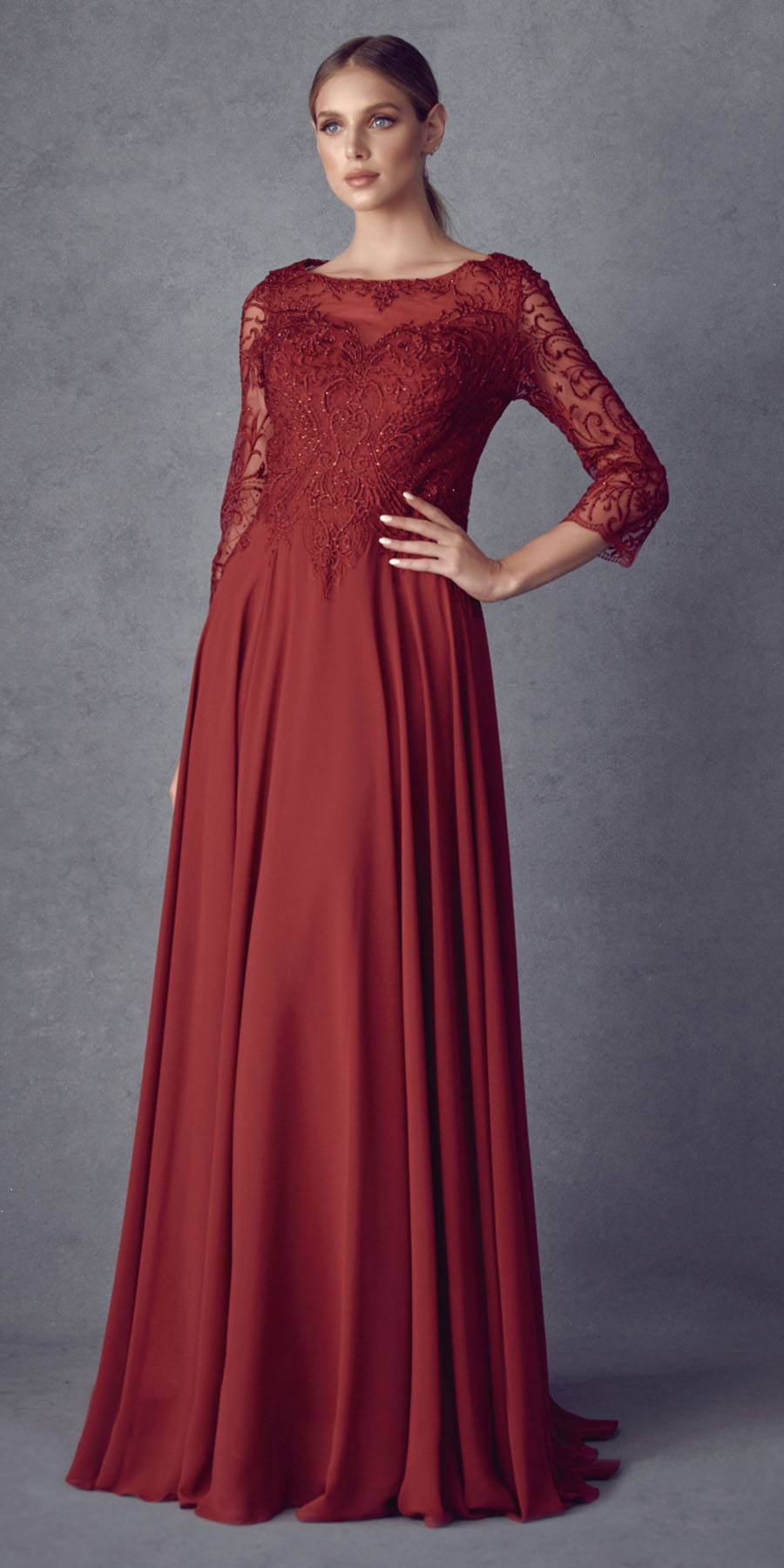 Juliet M11 Appliqued Long A-Line Dress Chiffon Quarter Sleeves by DiscountDressShop