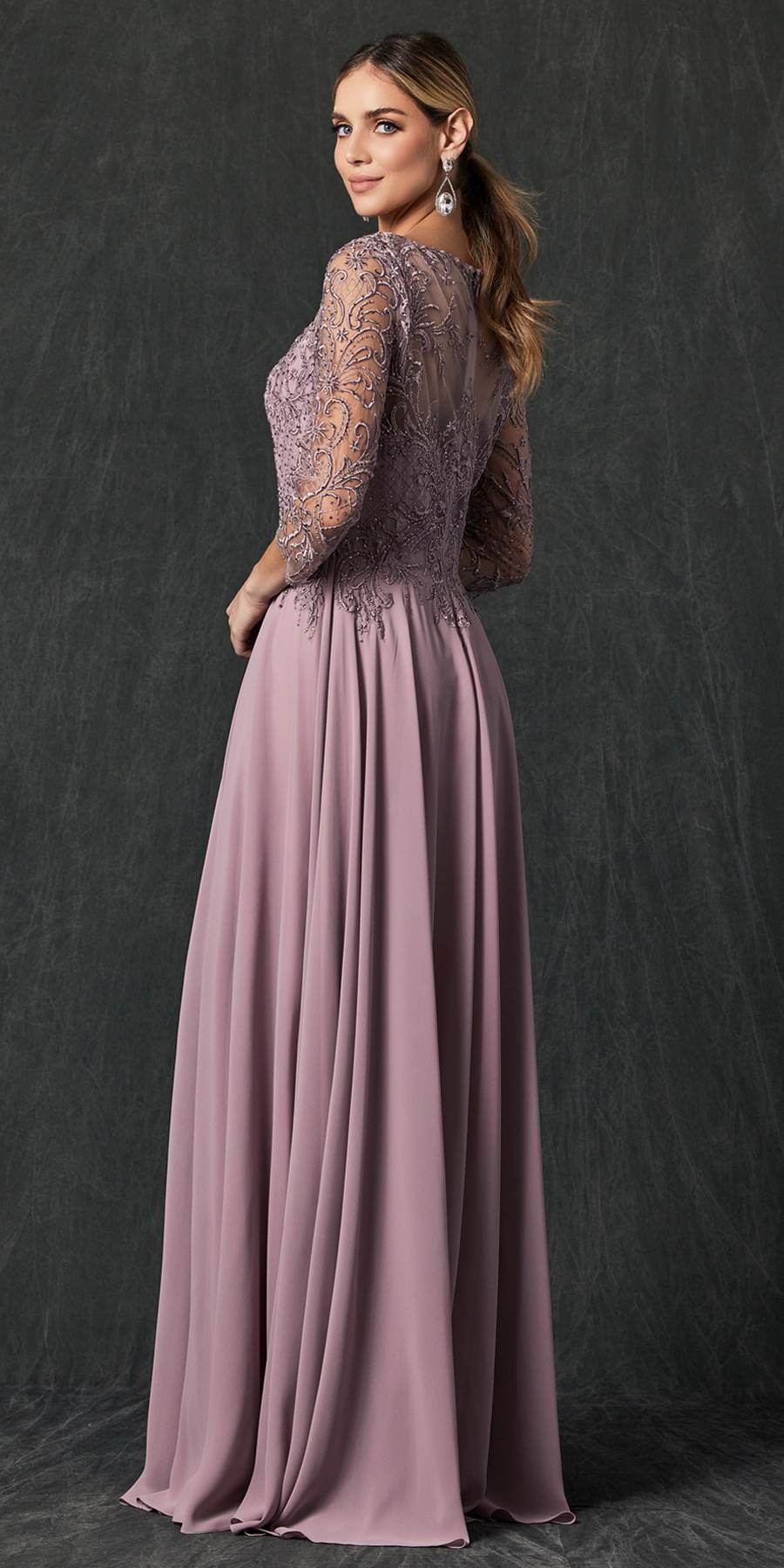 Juliet M11 Appliqued Long A-Line Dress Chiffon Quarter Sleeves by DiscountDressShop
