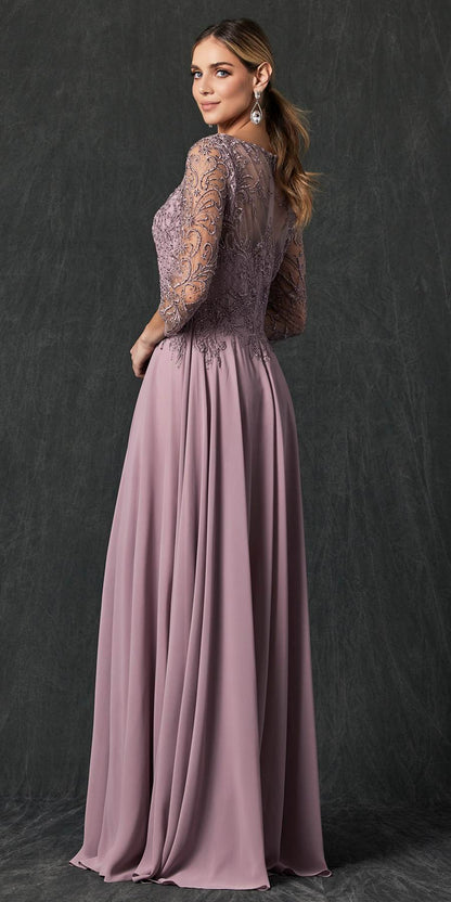 Juliet M11 Appliqued Long A-Line Dress Chiffon Quarter Sleeves by DiscountDressShop