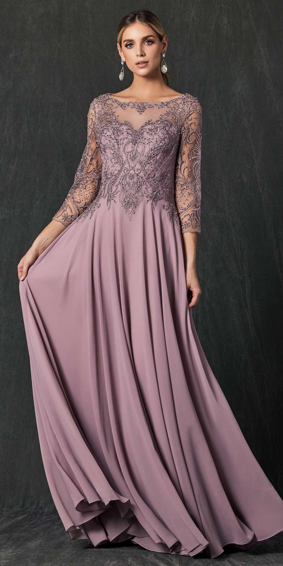 Juliet M11 Appliqued Long A-Line Dress Chiffon Quarter Sleeves by DiscountDressShop