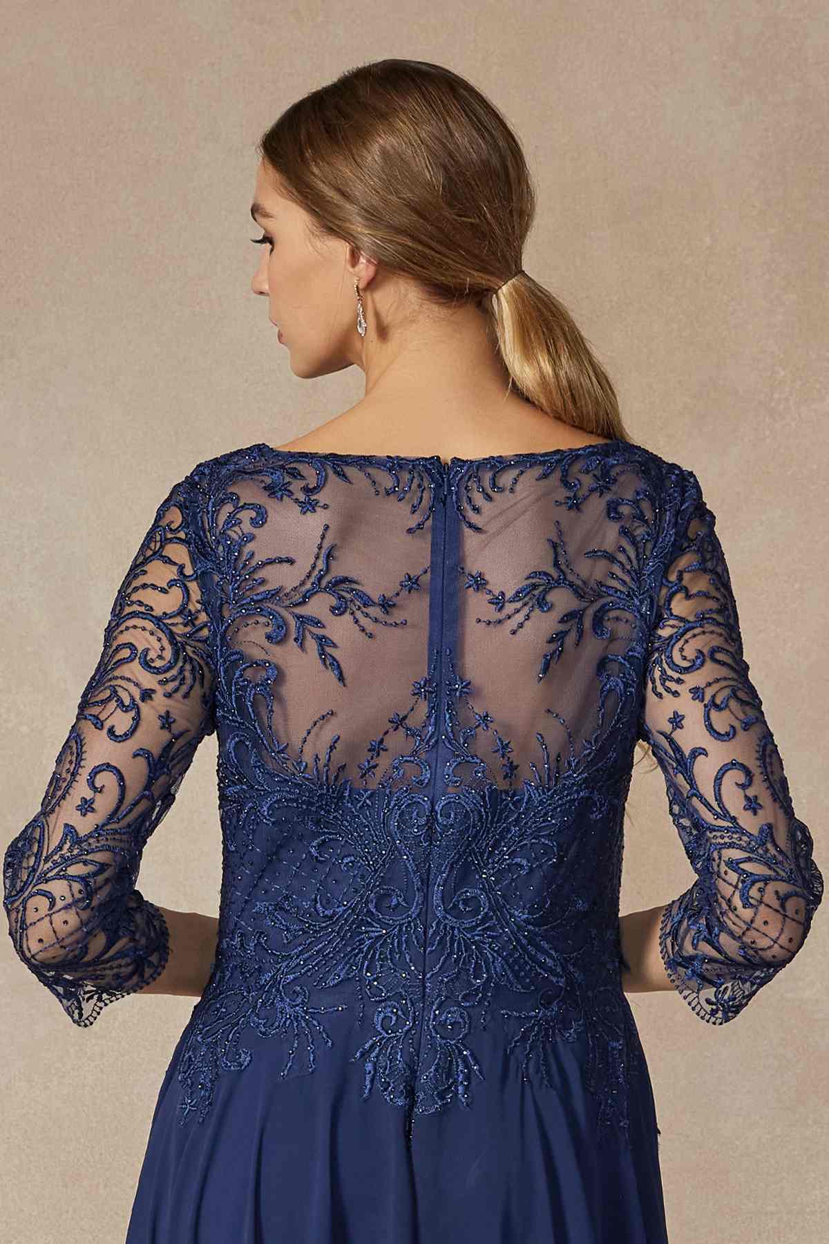 Juliet M11 Appliqued Long A-Line Dress Chiffon Quarter Sleeves by DiscountDressShop