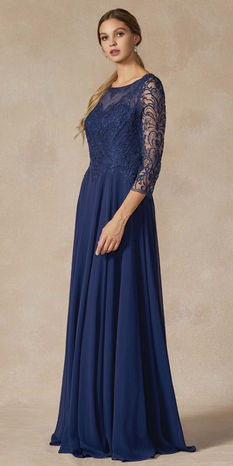 Juliet M11 Appliqued Long A-Line Dress Chiffon Quarter Sleeves by DiscountDressShop