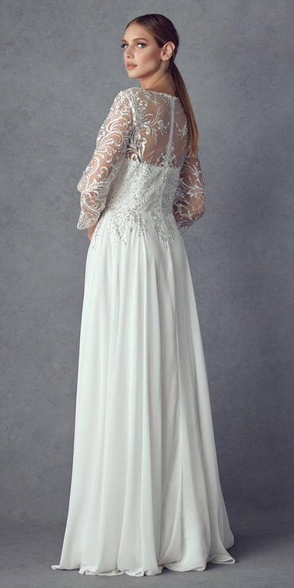 Juliet M11 Appliqued Long A-Line Dress Chiffon Quarter Sleeves by DiscountDressShop