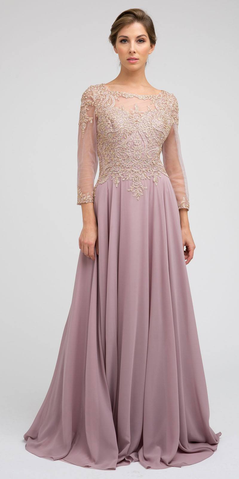 Juliet M12 Quarter Sleeved Embroidered Long A-Line Chiffon Dress by DiscountDressShop