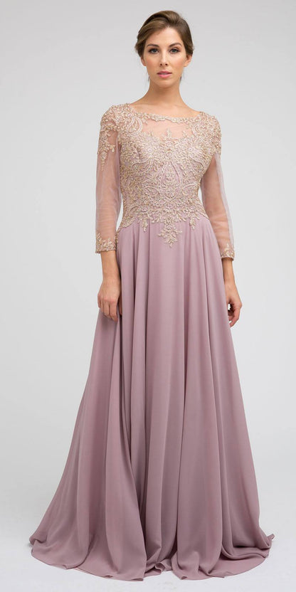 Juliet M12 Quarter Sleeved Embroidered Long A-Line Chiffon Dress by DiscountDressShop