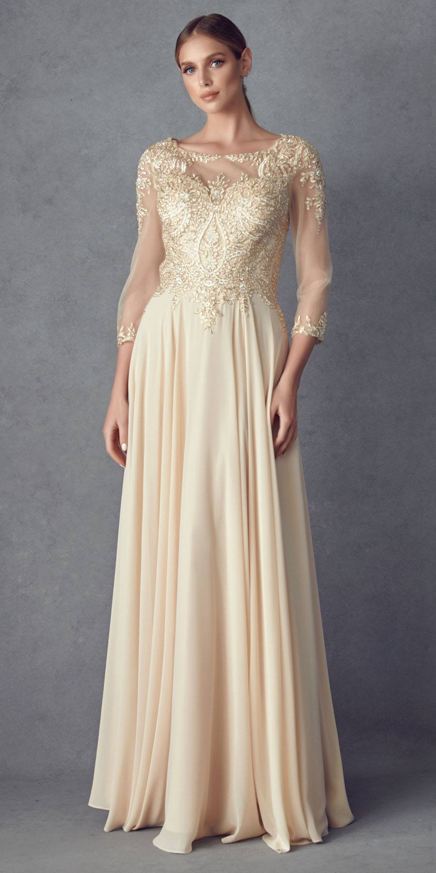Juliet M12 Quarter Sleeved Embroidered Long A-Line Chiffon Dress by DiscountDressShop