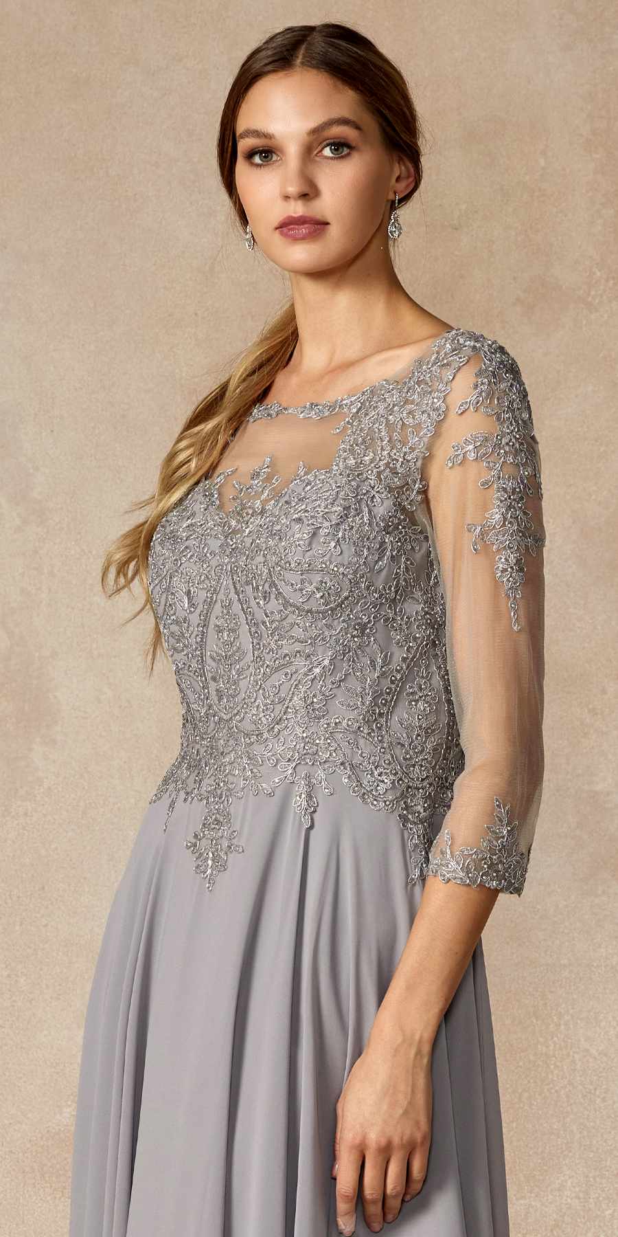 Juliet M12 Quarter Sleeved Embroidered Long A-Line Chiffon Dress by DiscountDressShop