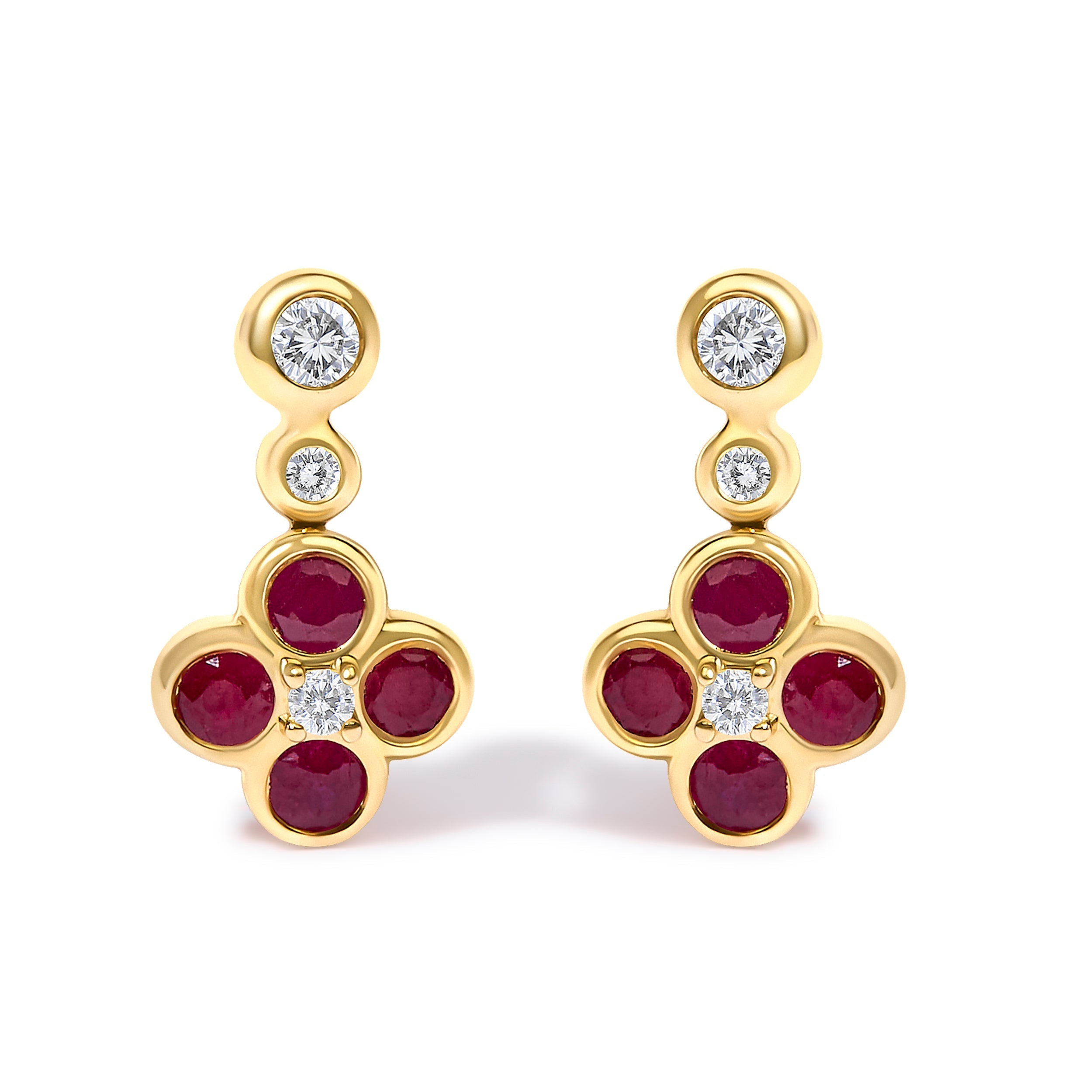 14K Yellow Gold 1/10 Cttw Diamond and  Ruby Floral Dangle Earrings  DestGlow