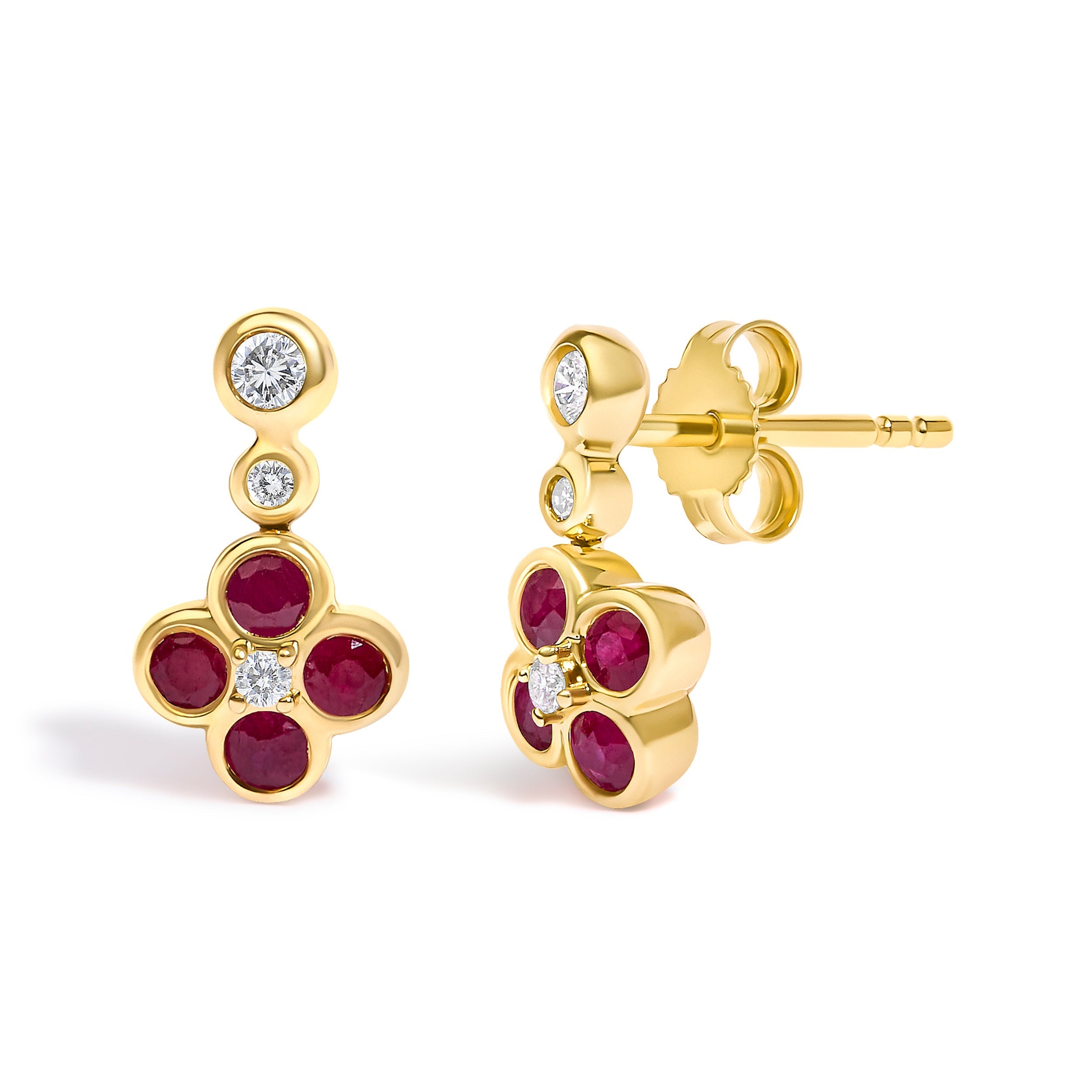 14K Yellow Gold 1/10 Cttw Diamond and  Ruby Floral Dangle Earrings  DestGlow