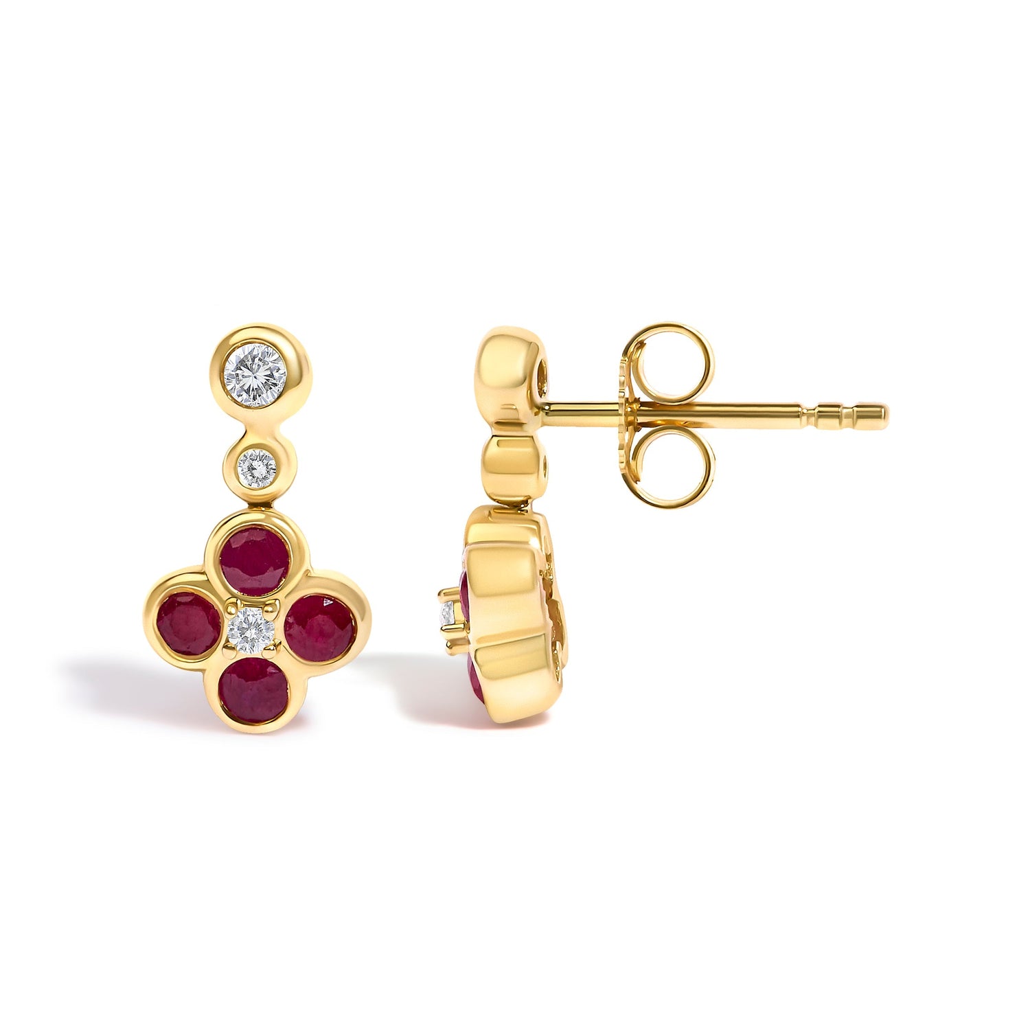 14K Yellow Gold 1/10 Cttw Diamond and  Ruby Floral Dangle Earrings  DestGlow