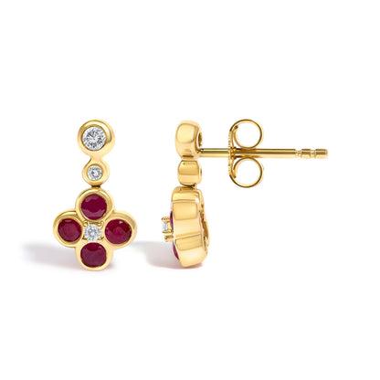 14K Yellow Gold 1/10 Cttw Diamond and  Ruby Floral Dangle Earrings  DestGlow