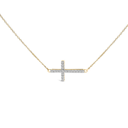 10K Yellow Gold 1/5 Cttw Diamond Sideways Cross Pendant Necklace  DestGlow