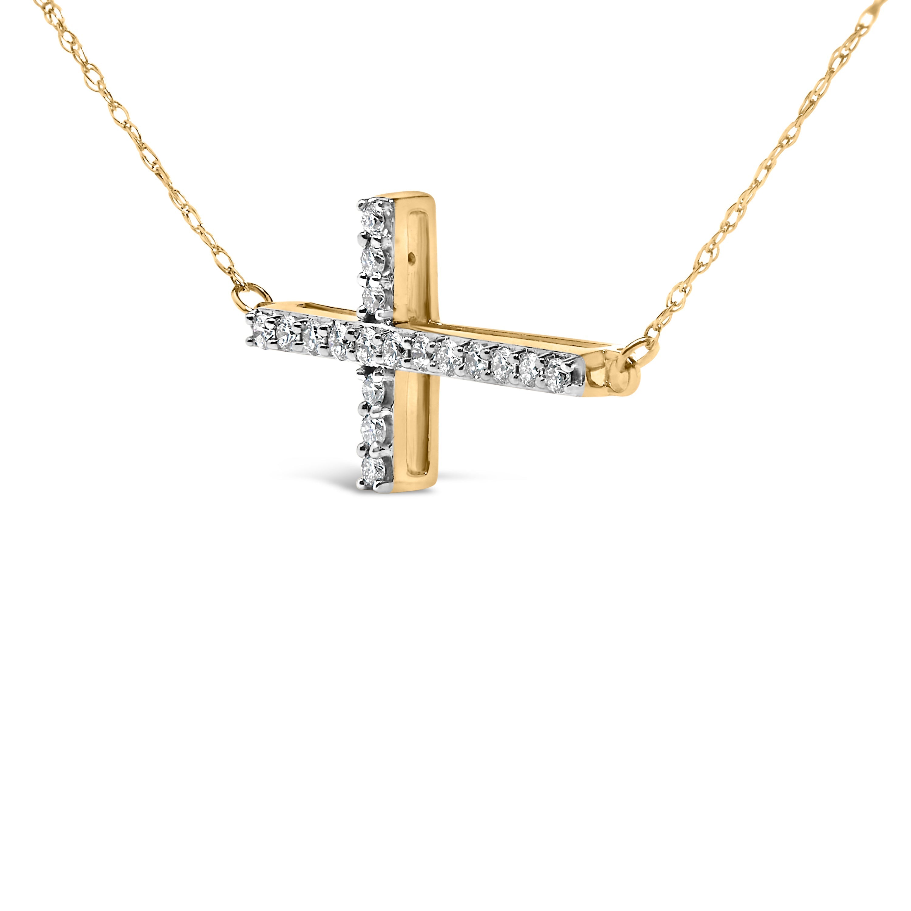 10K Yellow Gold 1/5 Cttw Diamond Sideways Cross Pendant Necklace  DestGlow