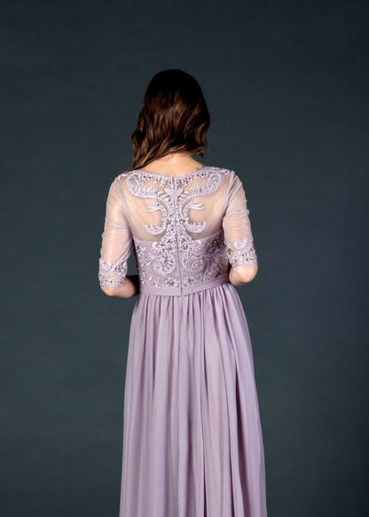 CLEARANCE - Aspeed USA M2078 Sheer Mid-Length Sleeve Long Dress (Size M) by DiscountDressShop