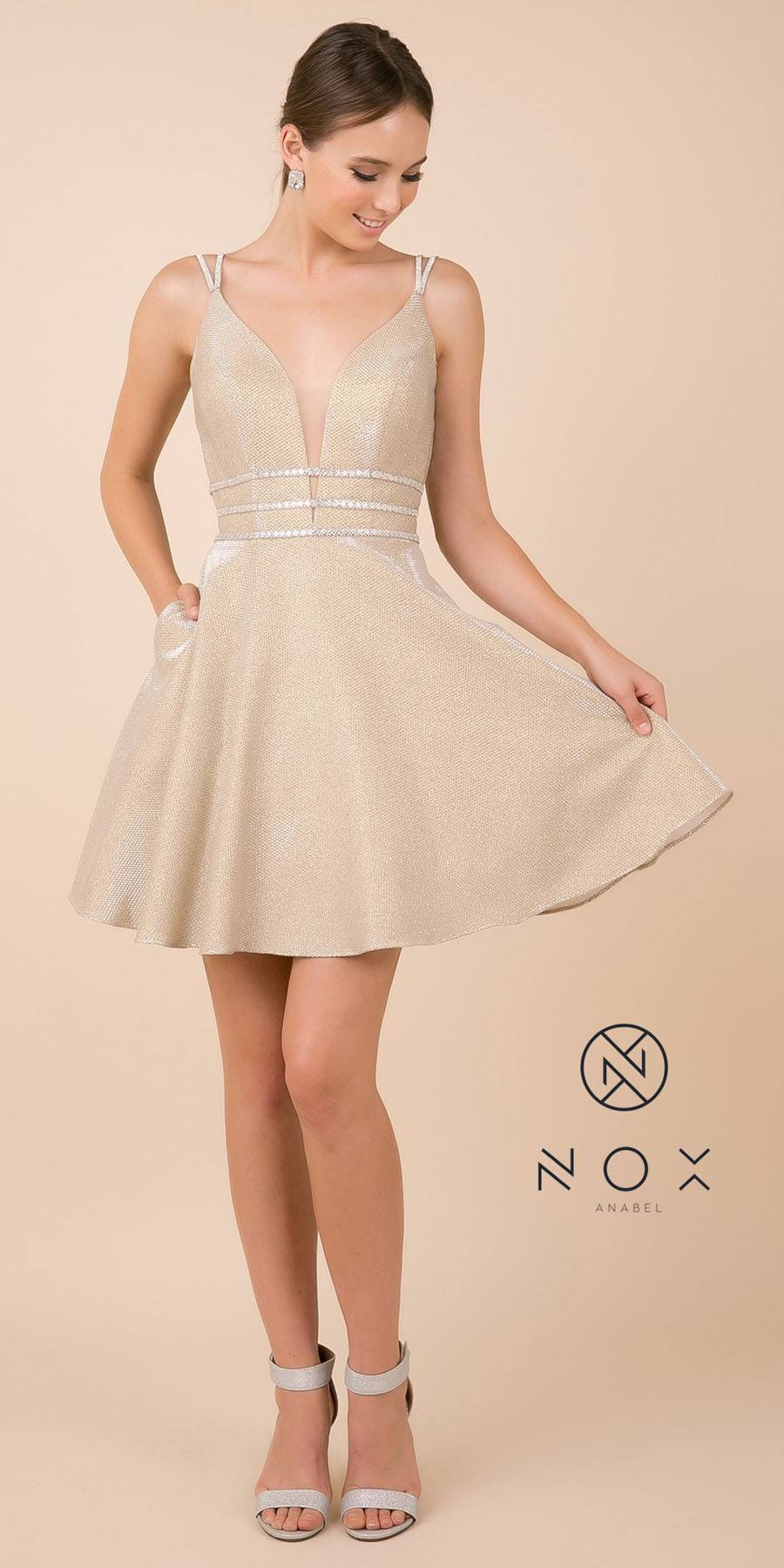 CLEARANCE - Nox Anabel M684 Short Gold Shimmering A-Line Dress (Size XS) by DiscountDressShop