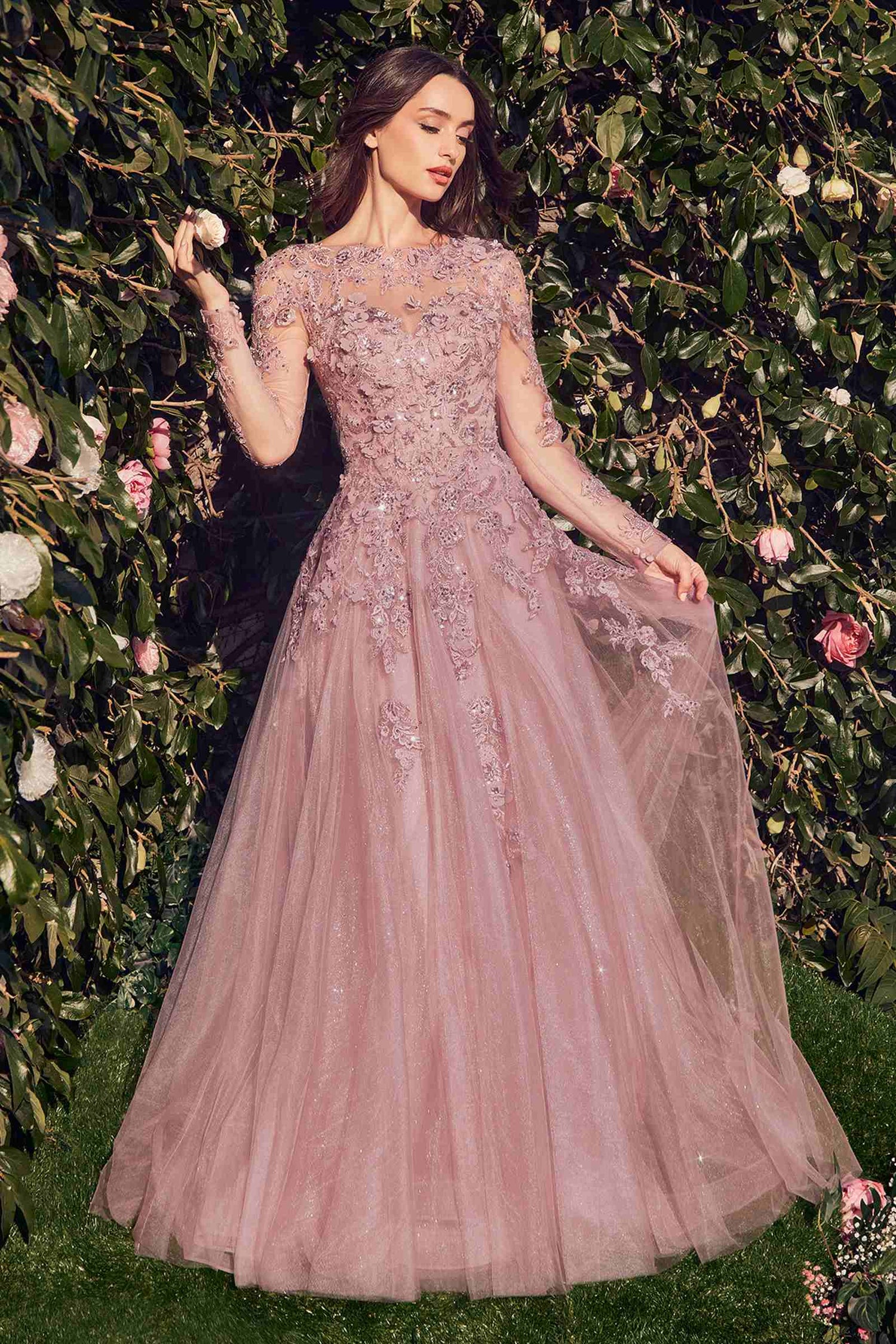 Andrea &amp; Leo MA108 Dress Lace Layered Tulle Long Sleeve Gown