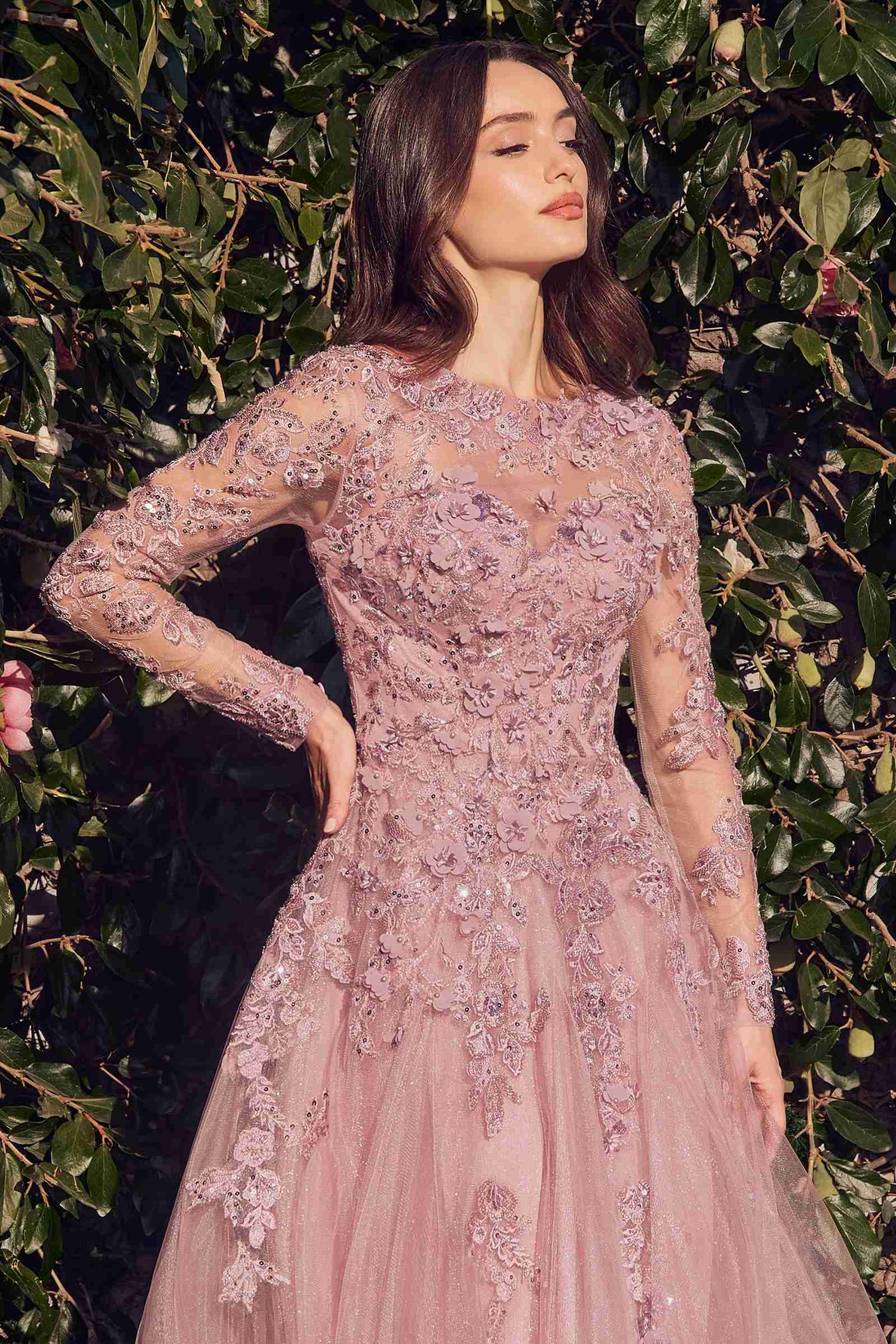Andrea &amp; Leo MA108 Dress Lace Layered Tulle Long Sleeve Gown