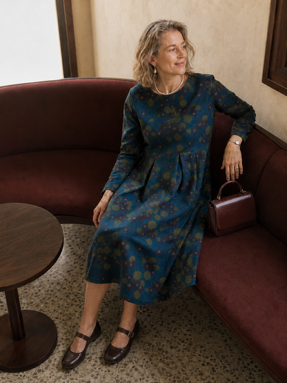 100% Organic Cotton Ruched Print Boat Neck Midi Dress CRESSIDA  DestGlow