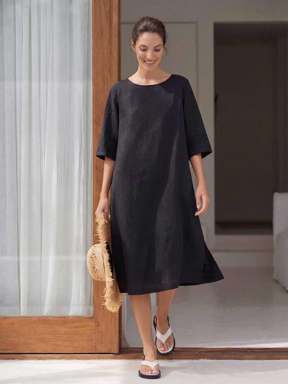 100% Linen Collarless Mid-Length Dress SOFIA by LINTICO