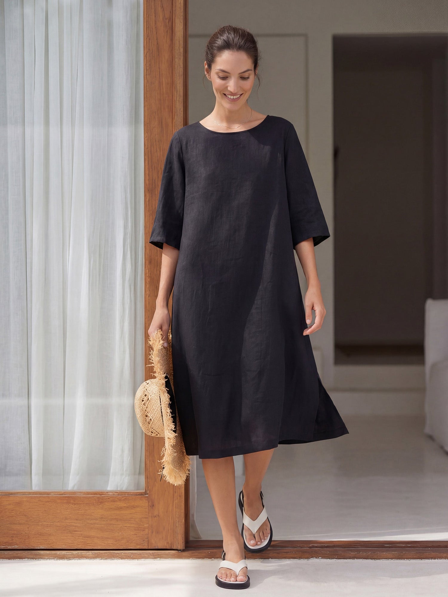 100% Linen Collarless Mid-Length Dress SOFIA by LINTICO