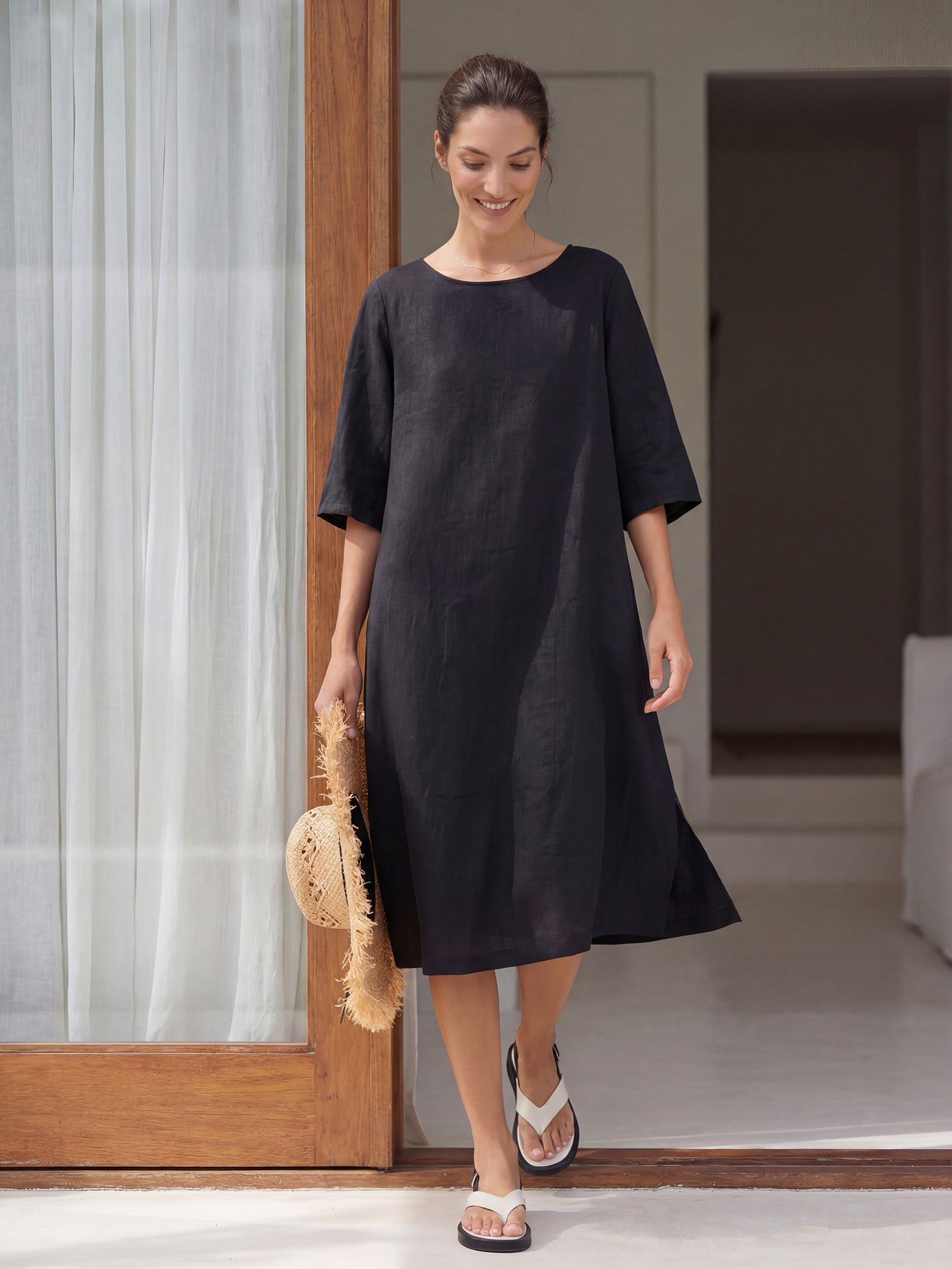 100% Linen Collarless Mid-Length Dress SOFIA by LINTICO