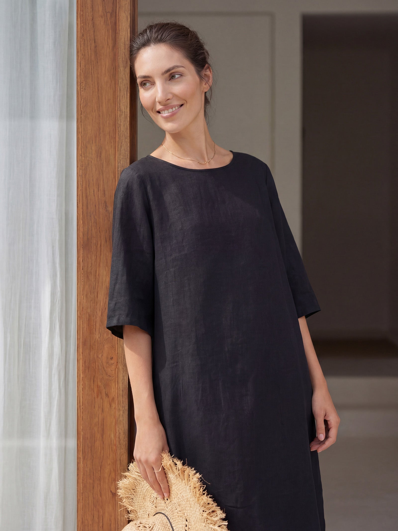 100% Linen Collarless Mid-Length Dress SOFIA by LINTICO