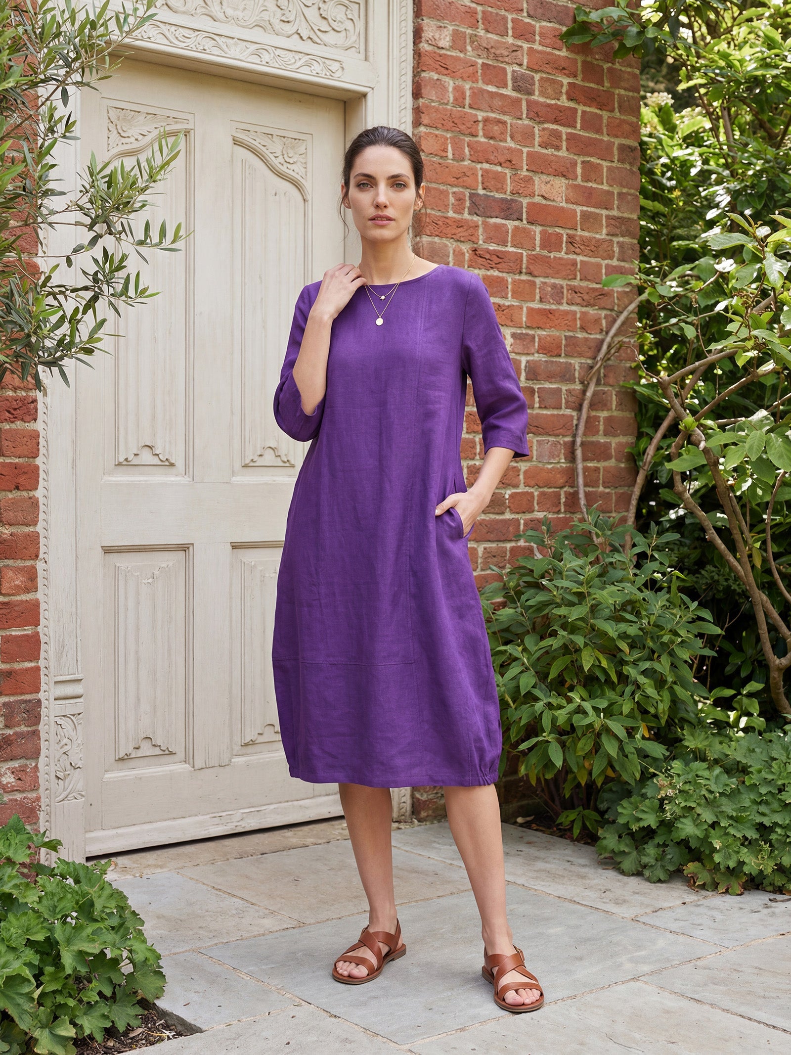 100% Linen Collarless Mid-Length Dress SOFIA by LINTICO