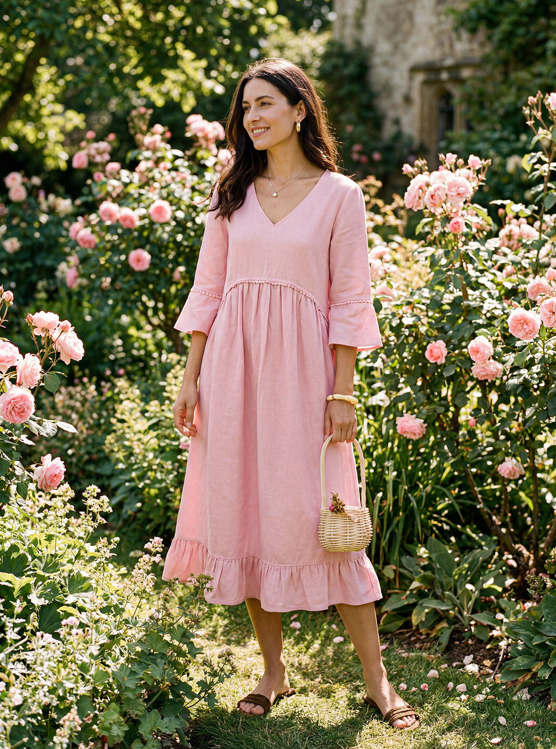 100% Linen V-Neck Ruffle Hem Midi Dress with Crochet Trim MARTHA by LINTICO