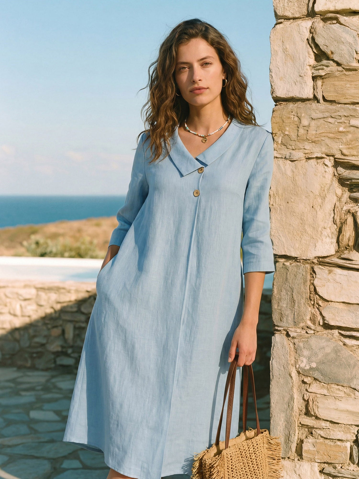 100% Linen Asymmetric Shawl Collar A-Line Midi Dress WINIFRED by LINTICO