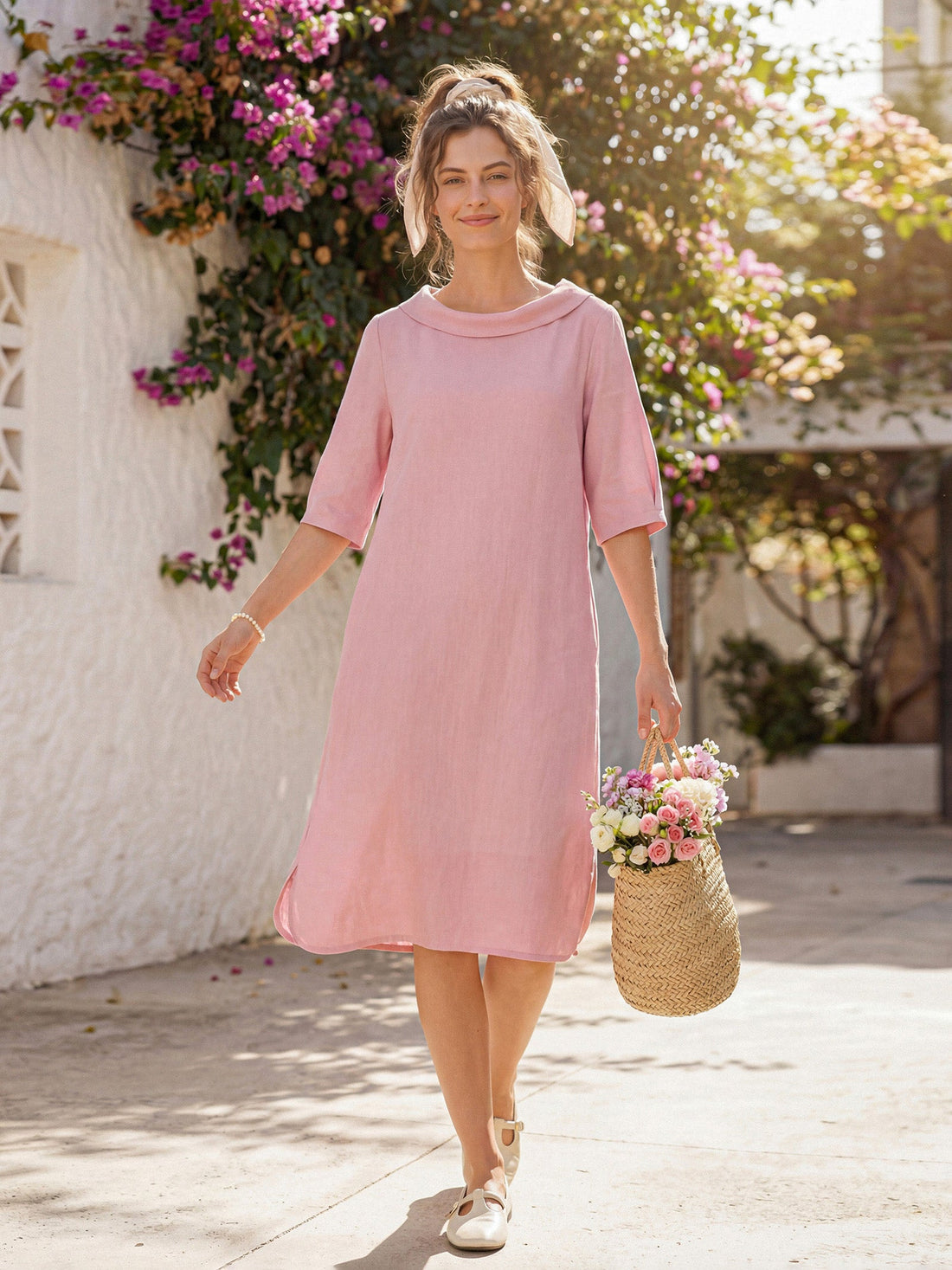 100% Linen Sculpted Bateau Tie-Back Midi Dress SABRINA by LINTICO