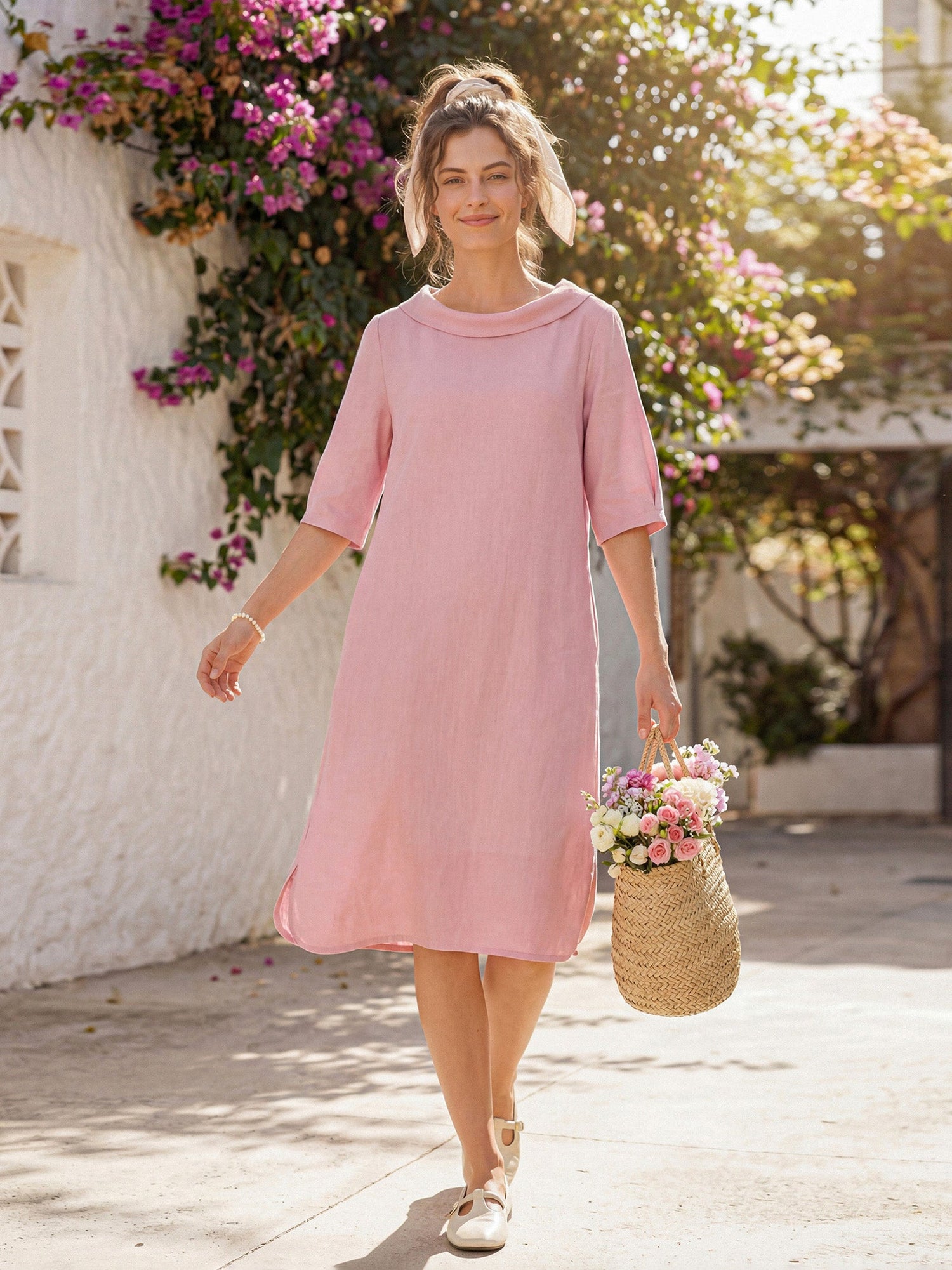 100% Linen Sculpted Bateau Tie-Back Midi Dress SABRINA by LINTICO