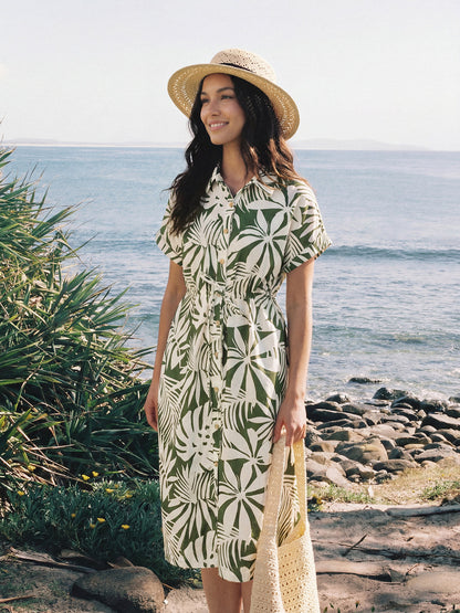 Linen Palm Print Drawstring Waist Cuffed Sleeve Midi Shirt Dress AURELIA by LINTICO