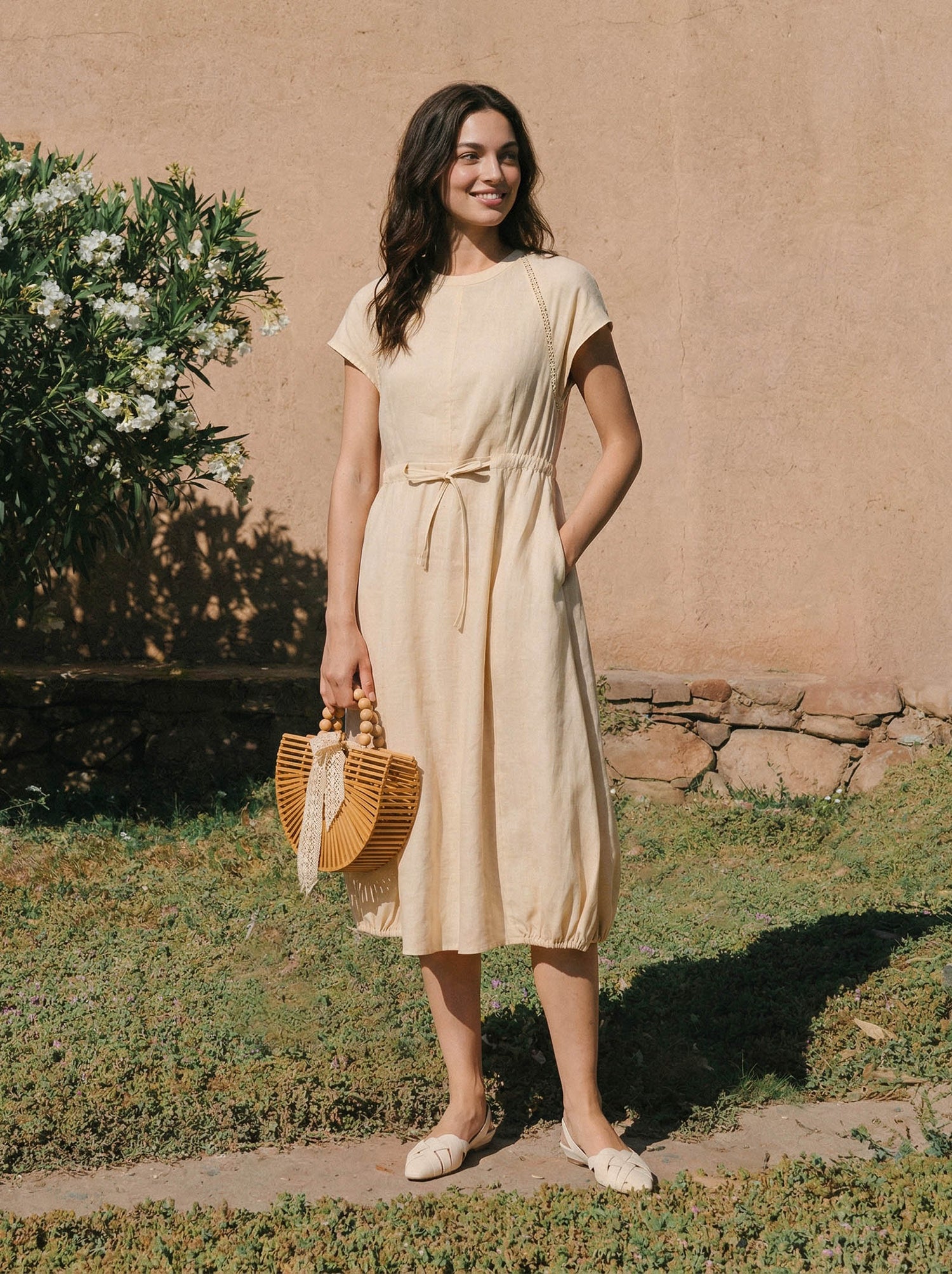 100% Linen Lace-Inset Bubble-Hem Midi Dress LORITA by LINTICO