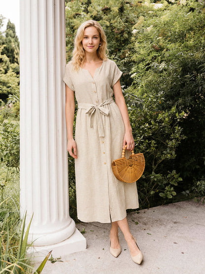 100% Linen Plaid Detachable Tie-Belt Button-Front Maxi Dress LARISSA by LINTICO