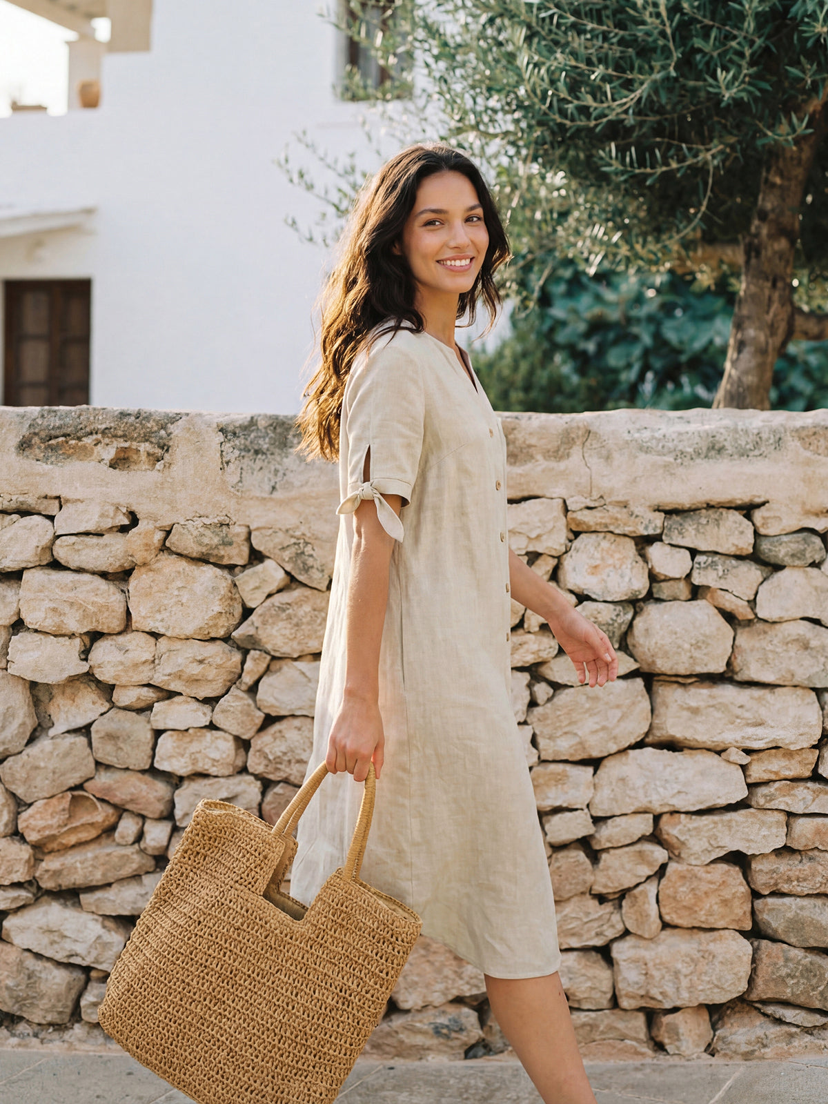 100% Linen Button-Front Tie Cuff V-Neck Shirt Dress HONORIA by LINTICO