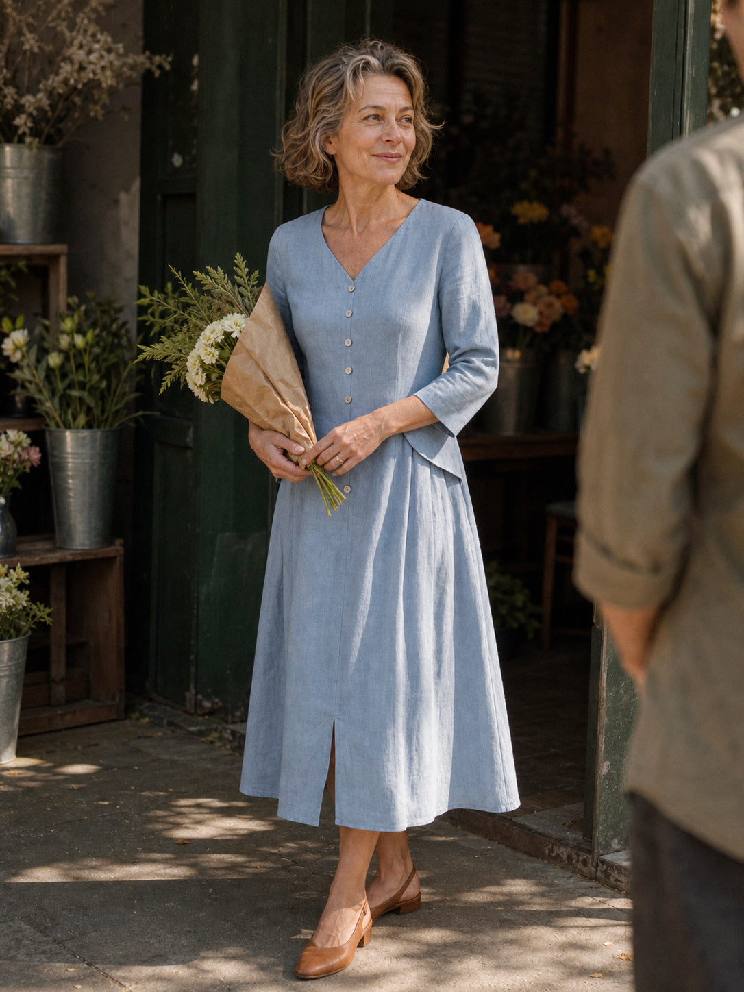 100% Linen Shell Button A-Line Midi Dress ELIORA  DestGlow