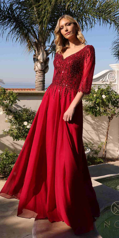 Nox Anabel MF100 Long Sequin Bodice 3/4 Sleeve A-line Gown by DiscountDressShop