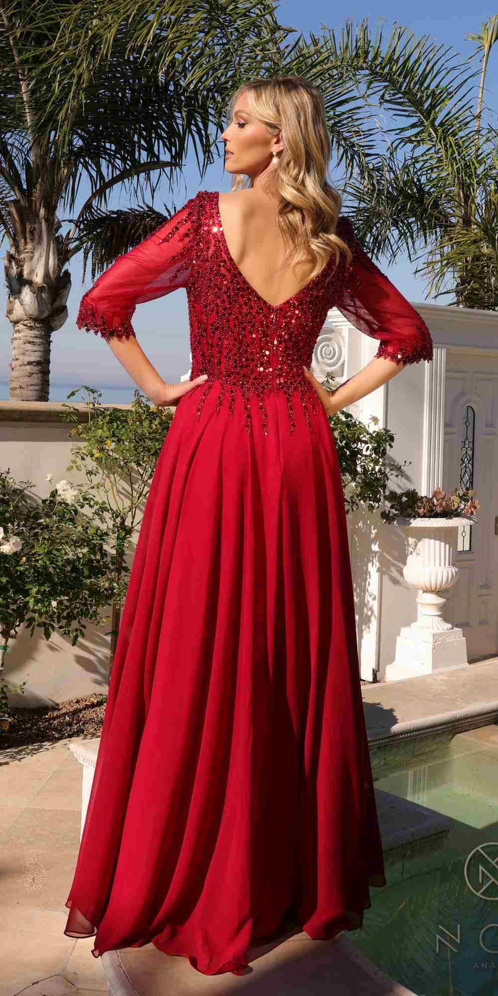 Nox Anabel MF100 Long Sequin Bodice 3/4 Sleeve A-line Gown by DiscountDressShop