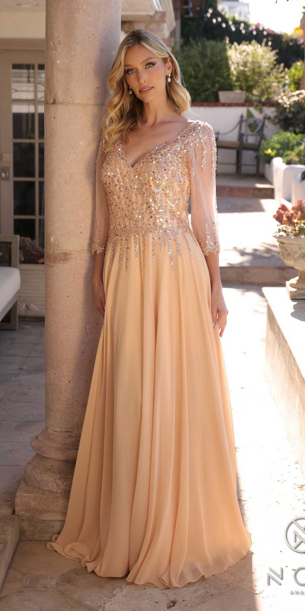 Nox Anabel MF100 Long Sequin Bodice 3/4 Sleeve A-line Gown by DiscountDressShop
