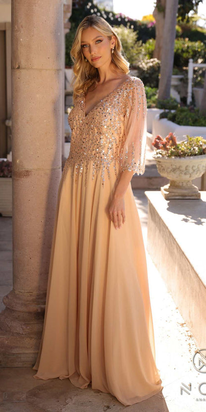 Nox Anabel MF100 Long Sequin Bodice 3/4 Sleeve A-line Gown by DiscountDressShop