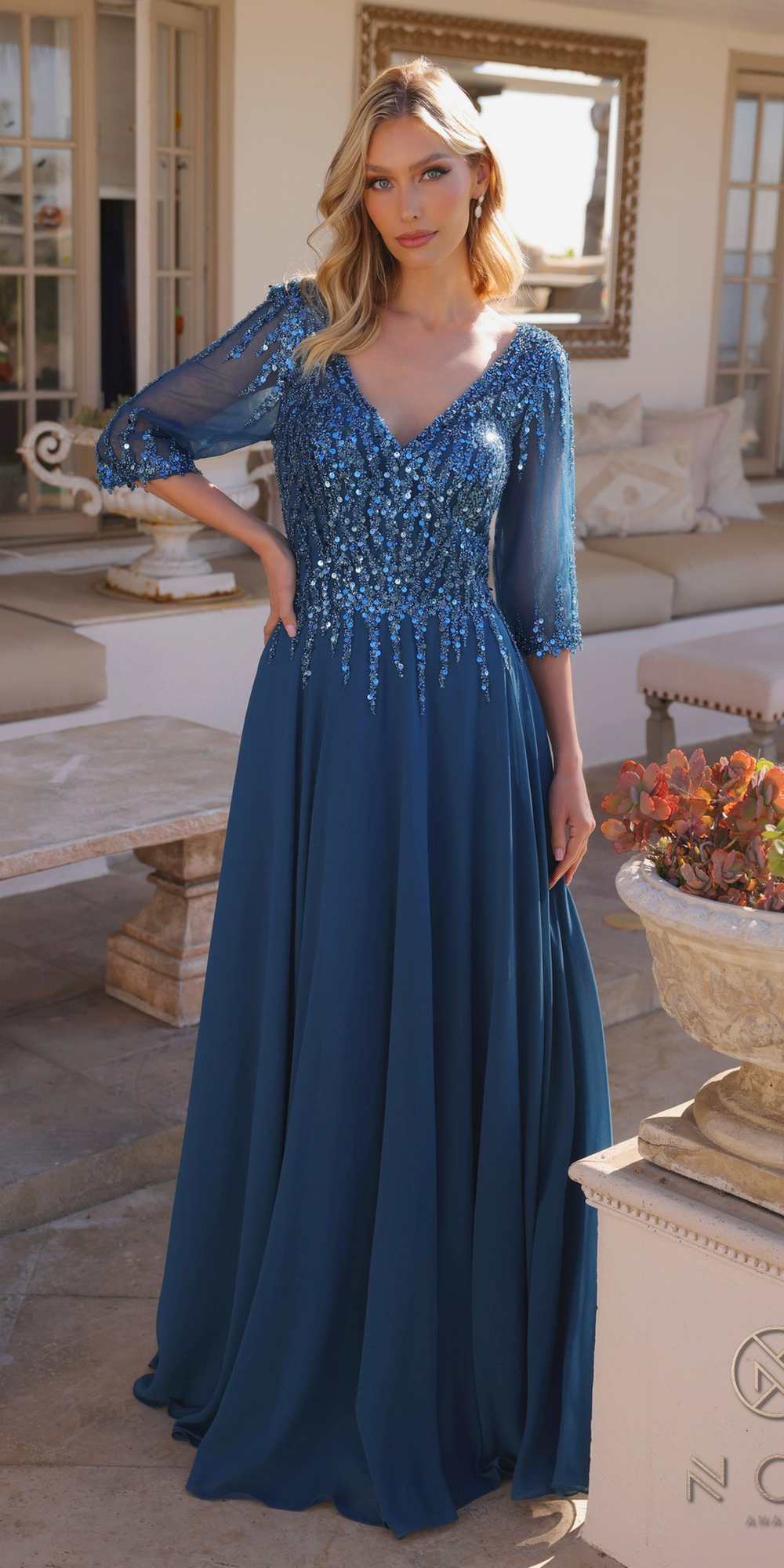 Nox Anabel MF100 Long Sequin Bodice 3/4 Sleeve A-line Gown by DiscountDressShop