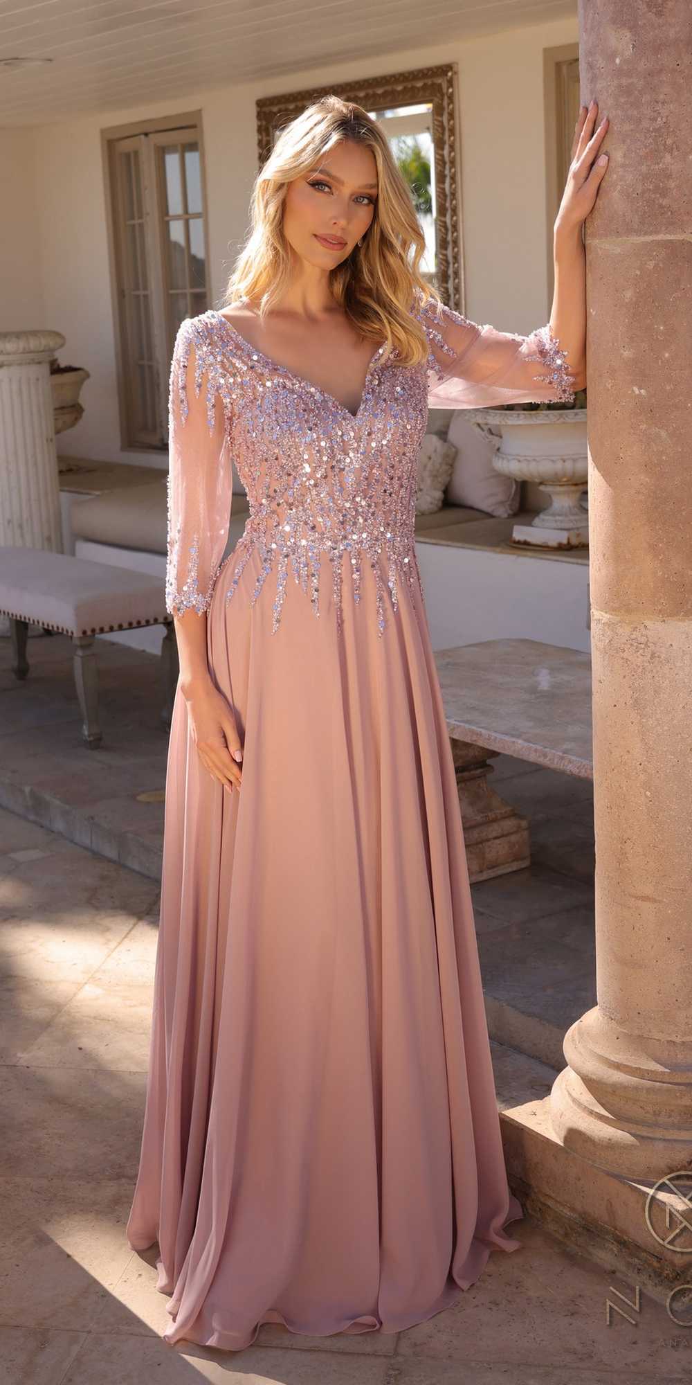 Nox Anabel MF100 Long Sequin Bodice 3/4 Sleeve A-line Gown by DiscountDressShop