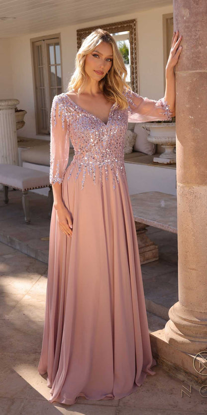 Nox Anabel MF100 Long Sequin Bodice 3/4 Sleeve A-line Gown by DiscountDressShop