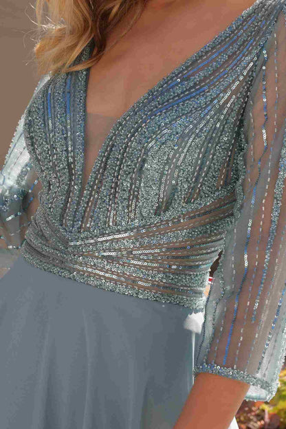 Nox Anabel MF101 Long V-Neck Embellished Bodice 3/4 Sleeve A-line Gown by DiscountDressShop