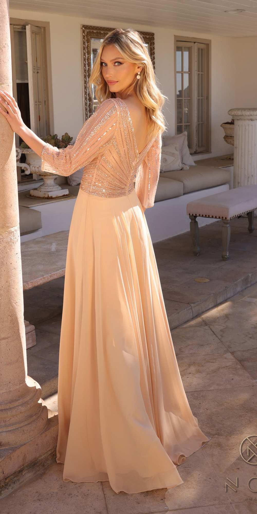Nox Anabel MF101 Long V-Neck Embellished Bodice 3/4 Sleeve A-line Gown by DiscountDressShop